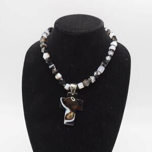 Cross Sterling Silver .925 Jasper Quartz Beads Statement Heavy Necklace